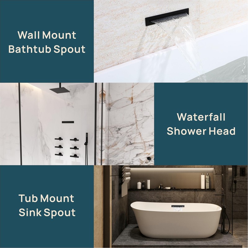 JPHOMES Matte Black Tub Spout Waterfall Tub Filler, High Flow