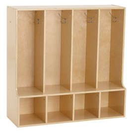 ECR4Kids Streamline 4-Section Coat Locker with Bench, Toddler Size, Kids Furniture, Natural