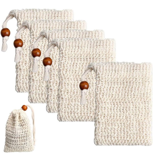 5 PCS Sisal Soap Bag with Drawstring Natural Soap Saver