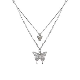 Pingyongchang Bohemian Butterfly Pendant Necklace Choker Silver Layered Crystal Choker Necklace Layered Lace Chain Rhinestone Necklace Insect Chain Necklace Jewelry for Women-Silver