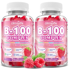 2 Pack Vitamin B Complex Gummies, All B Vitamins + Methyl B12, B1, B2, B3, B5, B6, Biotin, Methylfolate, Vitamin C, Choline, Inositol, PABA for Energy & Immune Support, Raspberry, 120 Count