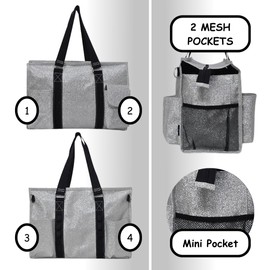 NGIL Glitter Utility Water Resistant Zippered Lined Tote Bag, Multi Pocket Organizer, Perfect for Teachers, Nurses (Glitter-Silver)