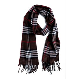 Plum Feathers Plaid Check and Solid Cashmere Feel Winter Scarf (Chocolate Plaid)