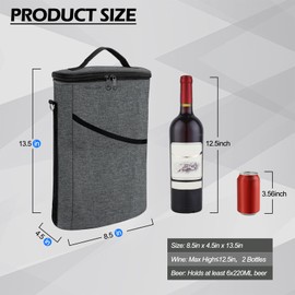 bruwaa 2 Bottle Wine Cooler Bag, Leakproof Insulated Padded Wine Gift Tote Carrier with Handle and Adjustable Shoulder Strap, for Travel, Wine Tasting, Party, Christmas Gift for Wine Lover - Grey