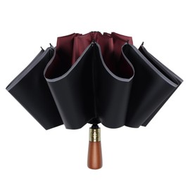 Lantusire Automatic Inverted Rain Umbrella with Reflective Strip, Wooden Handle Large Windproof Folding Umbrella for Women Men, UPF 50+, 10 Ribs, Wine Red
