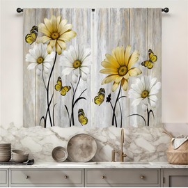 Famiffty - Cortinas de cocina con flores grises de 27.5 x 39 pulgadas, 2 paneles de bolsillo para barra, cortinas pequeñas para ventana de baño, decoración del hogar