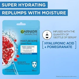 Garnier SkinActive Moisturising Tissue Mask, Moisturising and Firming Pomegranate + Hyaluronic Acid For Dehydrated Skin, 160 Gram (Pack of 5)
