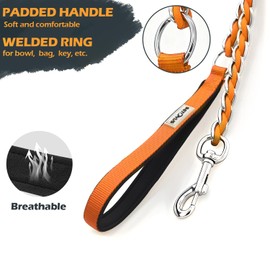 S-ETOVUS Dog Leash Chew Proof, Chain Leash Anti Chew Dog Leash for Large Dogs Heavy Duty, Indestructible Metal Leash Anti Bite Chain Link with Woven Cord Soft Padded Handle (Orange, 4FT)