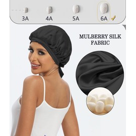 Cocheng Gorro de seda de morera 100% 19 momme de seda para dormir nocturno, correas elásticas ajustables con cinta de doble cara, Negro, 7-8