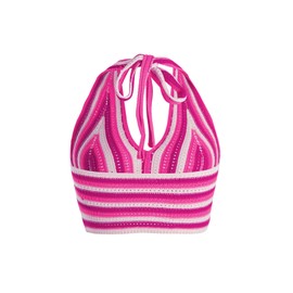 Verdusa Women's Colorblock Striped Crop Halter Top Tie Backless V Neck Going Out Tops Hot Pink Medium