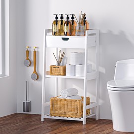 POXAKA 3 Tier Bamboo Bathroom Shelves with Drawer, Ladder Shelf for Bathroom Storage, Space-Saving Design, Stylish Display Nightstand, Stylish Storage Solution for Home, Living Room, Kitchen, Office