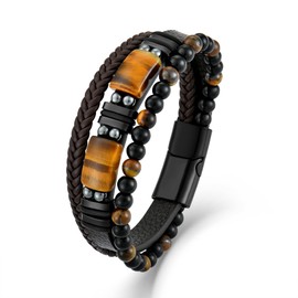 Mens Tiger Eye Leather Bracelet, Natural Tiger Eye Stone Beads Multi-Layer Braided Cuff Bracelets for Men, Stainless Steel with Buckle Memorial Bangle Gifts for Him 21cm/8.26"