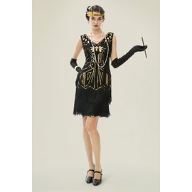 BABEYOND Women’s Flapper Dresses Set 1920s V Neck Beaded Fringed Great Gatsby Dress with Accessories Set