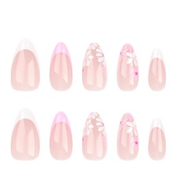 Pink Flowers French Tip Press on Nails Short Fake Nails Almond Shape Glossy False Nails with Glue on Nails Reusable Full Cover Stick on Nails Cute Artificial Nails for Spring Summer Nail Decorations