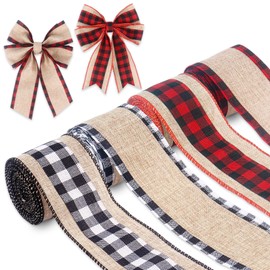 Buffalo Plaid Ribbon, 4 Rolls 20 Yards 2.5 Inch Wide Wired Edge Plaid Burlap Ribbon Checkered Craft Ribbons for Gift Wrapping Christmas Tree Wreath Decoration