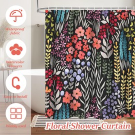 Shower Curtain for Bathroom Heavy Duty Waterproof Shower Curtain Liner Floral Fabric Shower Curtain Bathroom Curtains Shower Set Shower Curtains Hooks & Liners for Bathroom Accessories (Black)