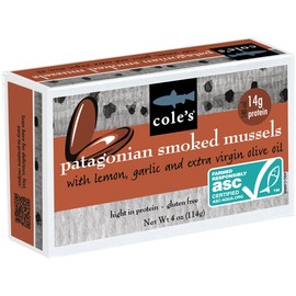 Cole’s Patagonian Smoked Mussels Canned with Lemon & Garlic in Extra Virgin Olive Oil | 4oz Hand-Packed Tinned Mussels | 14g Protein | Single Unit