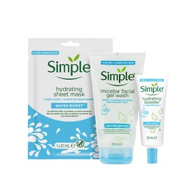 Simple Skin Water Boost Hydrating Beauty Bag Gift Set - Sheet Mask 1pc, Micellar Facial Gel Wash 150ml & Hydrating Booster 25ml, 1 pack