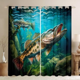 Big Pike Fishing Curtains for Bedroom Living Room Hunting and Fishing 30%-50% Blackout Curtains(2 Panels,W46*L54) Eat Small Fish Pattern Darkening Drapes Window Treatments