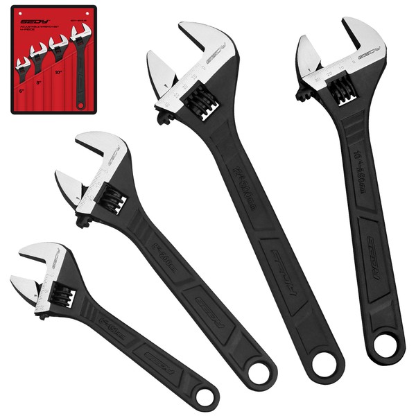 Adjustable Wrench Set Wrenches Sets: 4-Piece 6, 8, 10, 12 Inch Chrome Vanadium Steel Corrosion-Resistant Black Oxide Finish for Automotive Plumbing and Household Repairs