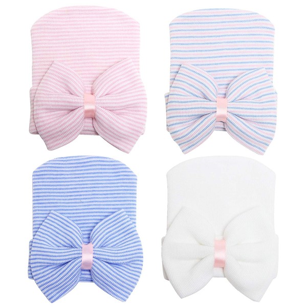 Zando Newborn Hospital Hat Toddler Beanie Baby Boy Girl Knot Headbands with Big Bows Infant Baby Nursery Caps White & Blue & Pink & Pink Blue White One Size