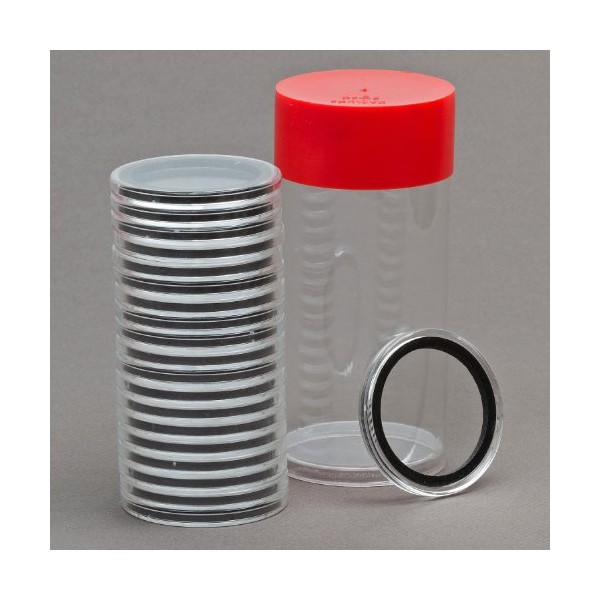 Red Capsule Tube & 20 Air-Tite 38mm Black Ring Coin Holder Capsules for American Silver Dollars and 1oz Silver Commemoratives by OnFireGuy