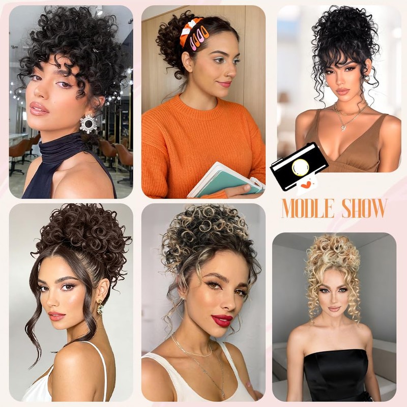 Curly Messy Bun Hair Pieces for Women Short Synthetic Loose