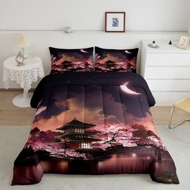 Homewish Japanese Style Comforter Set King Size Moon Cherry Blossom Bedding 3pcs Romantic Night Sky Scenery Quilt,Room Decor Exotic Pink Duvet Insert,2 Pillowcases ZZRS896ZMD-BZ_USk
