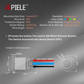 APIELE 12mm Momentary Push Button Switch SPST Pre-Wired 150mm High Round Head Aluminium Alloy 1NO 1 Normally Open with Ring Led Pack of 2(Blue)