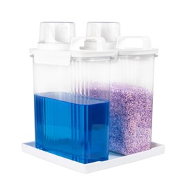 68oz Laundry Detergent Container, 2 Pack Plastic Liquid Detergent Dispenser for Laundry Room Powder,Soap,Fabric Softener, Scent Beads Storage and Organization,with 5 Labels,1 Tray.(2, 68oz)