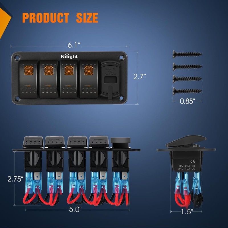 Nilight 4 Gang Rocker Switch Panel with PD Type C