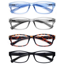 HEEYYOK +1.50 Small Reading Glasses Womens/Men 4-Pack Readers,Lightweight Rectangular PC Frame Comfortable Spring Hinges 4 Pouch