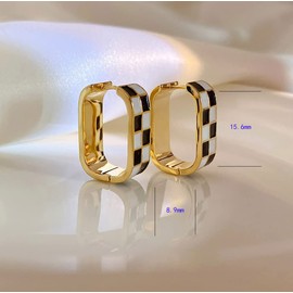 Fashion Checker Chunky Oval Hoop Earrings for Women Girls Dainty 925 Sterling Silver Post 14K Gold Plated Huggie Hoops White Black Enamel Hypoallergenic Hooped Gifts Her Mom Birthday