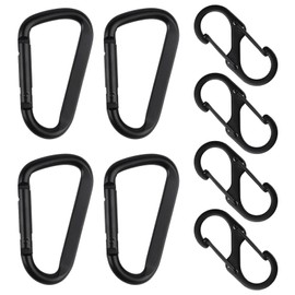 Set of 8 Carabiner Hooks, Includes 4 D-Clips Carabiner Hooks & 4 S Carabiner Hooks, Aluminium Metal Double Carabiner, Black Carabiner for Camping, Hiking, Backpack