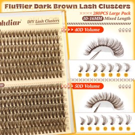 Brown Lash Clusters Fluff Cluster Eyelash Extensions 40D+50D Natural Dark Brown Eyelash Clusters 280PCS Individual Lashes Clusters 10-16mm DIY Wispy Cluster Lashes Extension at Home