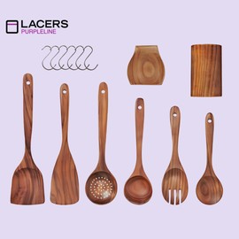 Lacers PurpleLine - 14-Teiliges Kochlöffelset aus Holz | Küchenhelfer für die Küche | Inklusive Holzspachtel, Schaumkelle, Suppenkelle, Salatbesteck, Löffelhalter, Holzablage & Aufhängehaken