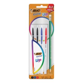 BIC Bolgrafo Cristal Up Punto Grueso 1.2 mm Escritura Suave y Fluida Barril Blanco Cuerpo Hexagonal Tapa Ventilada para Evitar Asfixia 4 Piezas  1... 
