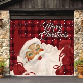 Christmas Garage Door Decoration, Merry Christmas Garage Door Banner Cover, Santa Red Plaid Garage Backdrop for Xmas Eve Holiday Outdoor Wall Decor, 7x7.8ft (Santa)