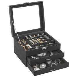 SONGMICS Jewelry Box, Lockable Jewelry Storage Organizer, Jewelry Case with Glass Window, for Rings, Earrings, Studs, Bracelets, Necklaces, Gray UJBC158G01