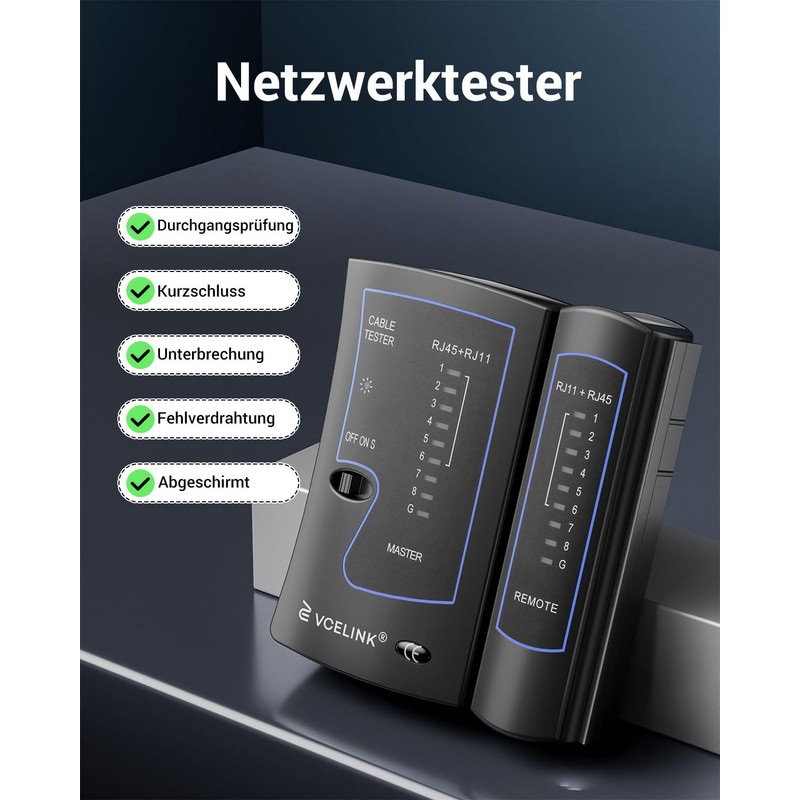 VCELINK Kabeltester, Netzwerktester Kabeltester für RJ45 RJ11 Kabel-Patchkabel-Leitungstester, LAN Tester,