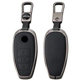 TECART For VW Leather Key Fob Cover Car Key Shell Black Metal Key Fob Protector Case Fit For VW Volkswagen Touareg Black