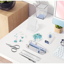 SUPEASY Blue Desk Organiser and Accessories, Office Supplies, 10-Piece Set for Office with Stapler, Tape Dispenser, Pens, Pen Holder, Phone Holder, Tape, Ruler, 1 Box Booklet, Scissors and 1 Box Clip