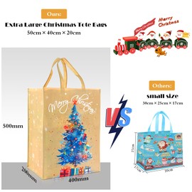 Christmas Tote Bags - 2 Pack Large Christmas Bags with Christmas Tree and Robin Handle Non-woven Fabric Gift Present Bag，ADQUATOR Xmas Shopping Bag for Holiday Party