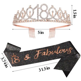 GDTO8820 18th Birthday Celebration Pack for Women: Crown, Pearl Pin, and Sash Made of Black Glitter Fabric with Rose Gold Letters, 18 & Fabulous Birthday Crown and Sash Kit
