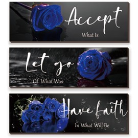 ZINYAZHE 3 Pcs Blue Bathroom Wall Decors Inspirational Blue Decor Wooden Roses Flower Wall Art Office Wall Decor with Accept Let Go Have Faith Quotes for Girl Women Bathroom Bedroom(12 x 4 Inch)