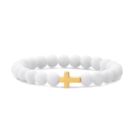 MOO&LEE Beaded Cross Bracelet for Men 8mm Bead Gold Cross Bracelets Unisex, White Bracelet