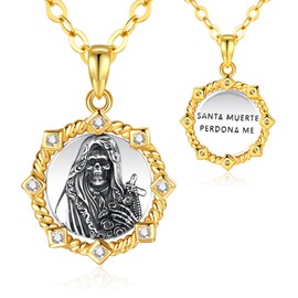 Midir&Etain Santa Muerte Pendant Necklace for Women 925 Sterling Silver Necklace Mexican Jewelry Gifts, Gold, Cubic Zirconia