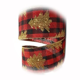The New Gold Glitter Christmas Trees Red Black Buffalo Plaid Wired Ribbon - 2.5" W X 10 Y Perfect for Crafting, Gift Wrapping, and Decorating Ribb1w02023