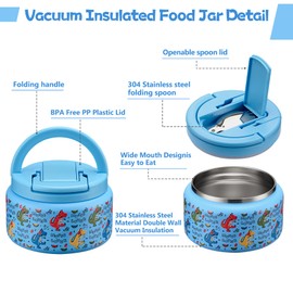 BABHAMNESS 13.5oz Soup Thermo for Hot Food Kids Insulated Vacuum Food Jar with Buckle Lid,Wide Mouth Leakproof Stainless Steel Lunch Container with Spoon-Dinosaur