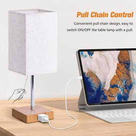 PLMMY Bedside Table Lamp for Bedroom Nightstand, 3 Color Nightstand Lamps Set of 2 with AC Outlets, Square Pull Chain Bedside Lamp for Living Room, Office Desk, LED Bulb Included